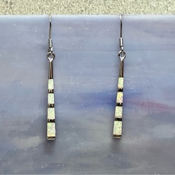 Polished Sterling Silver 925 Opal Inlay Drop Earrings Iridescent Tapered Dangle - Picture 9 of 10